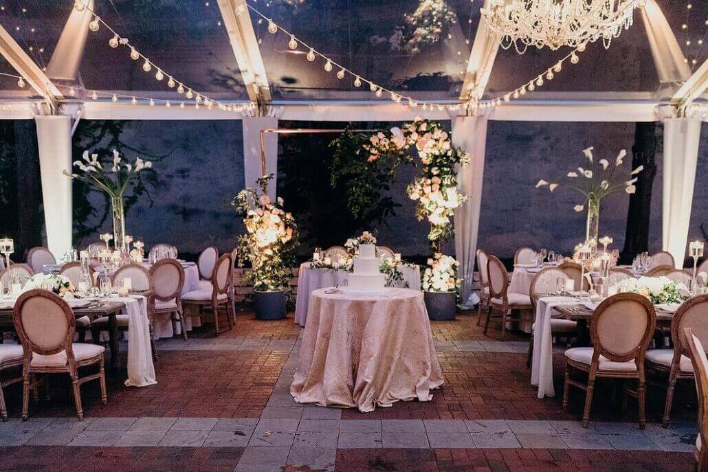 night time wedding reception tables and cake at Chicago Illuminating Company