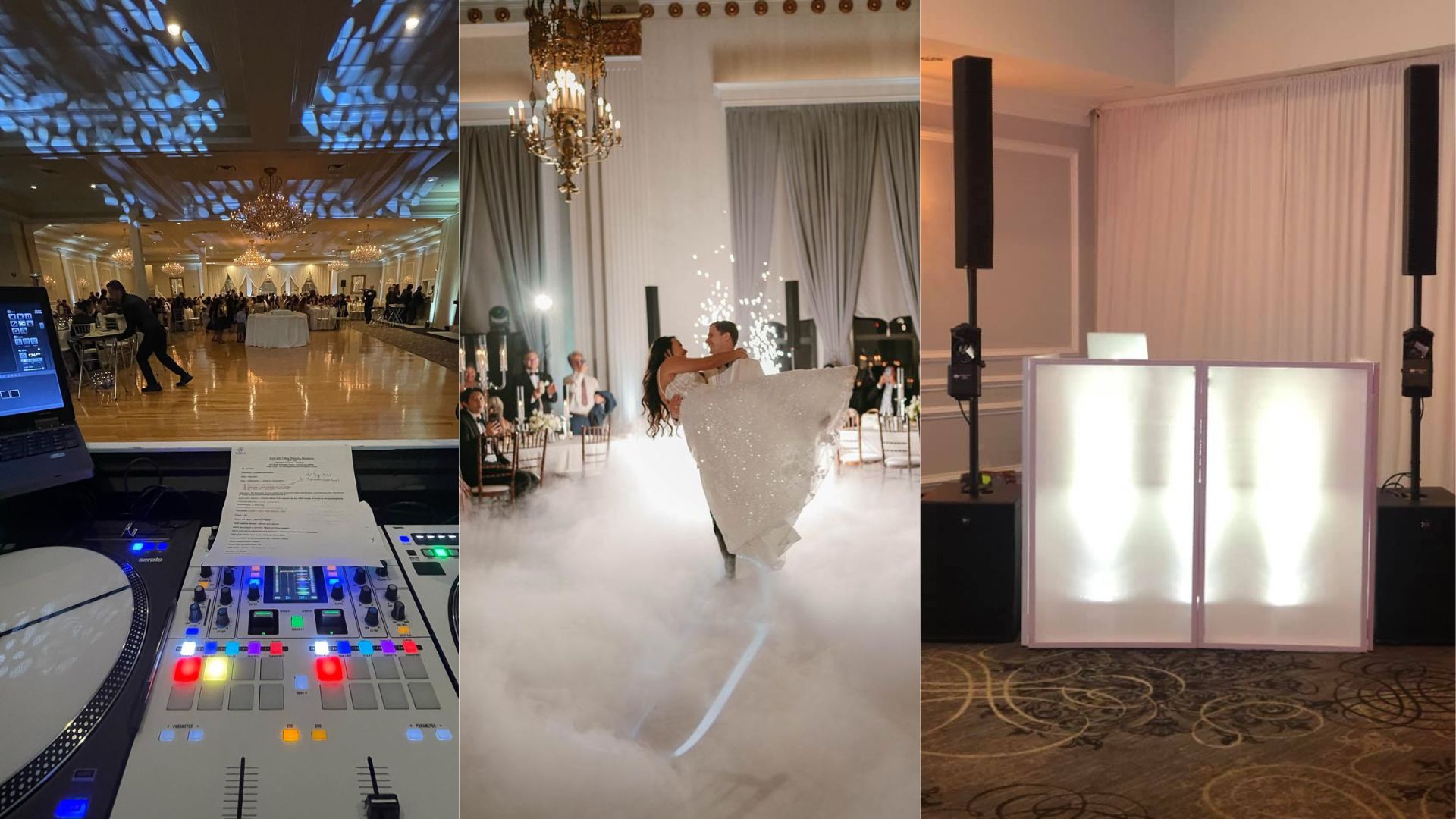 Three images: a DJ setup in a ballroom, a couple dancing with fog and lights, and another DJ booth with speakers—showcasing 5 important tips your wedding DJ wants you to know for the perfect celebration.